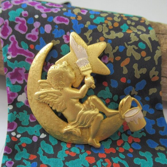 Vintage Gold Angel On Moon Painting Star Pin Brooch Signed J.J. Jonette - Picture 6 of 8